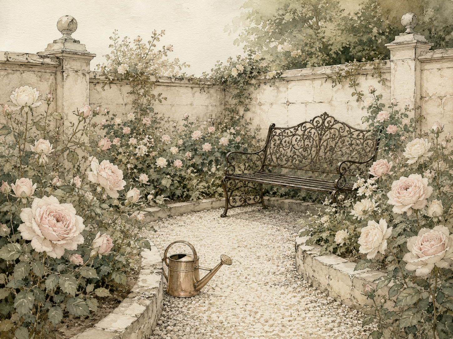 中庭 ─ 島の固有種を含む薔薇と季節の花々